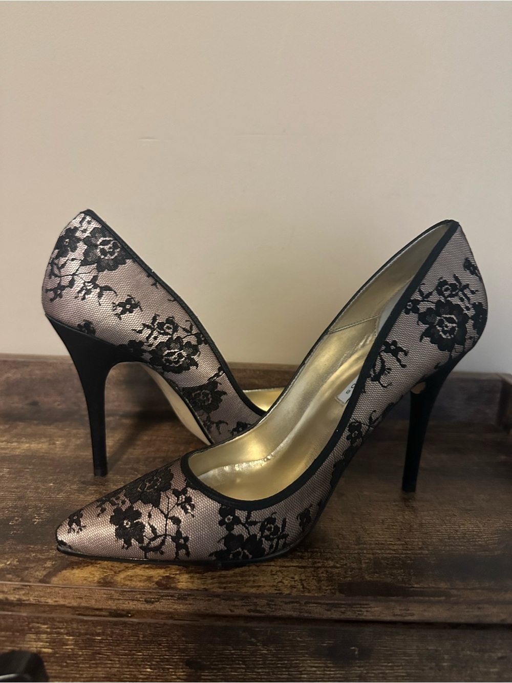 Caparros Black Lace-Overlay Gold Interior Pointed Toe Stilettos